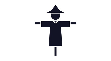 Simple dark silhouette of a traditional scarecrow with a pointed hat standing in a field on a white background silhouette