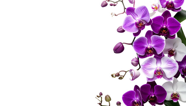 Purple, white orchids bloom on right against black backdrop. Flowers, buds present