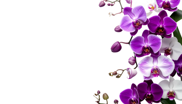 Purple, white orchids bloom on right against black backdrop. Flowers, buds present