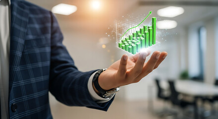 A man holding a green rising bar graph hologram in his hand in a modern office setting indoors