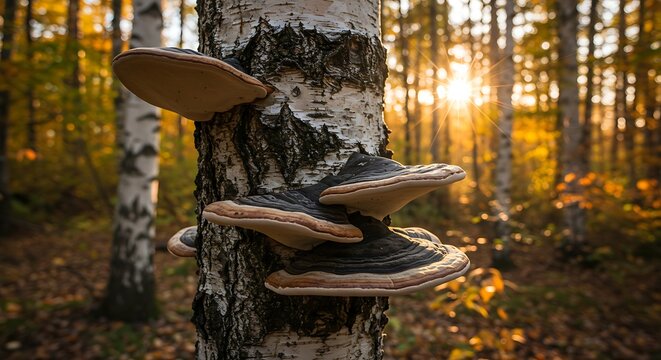 Close-up of mushrooms growing on a tree trunk in a sunlit autumnal forest setting