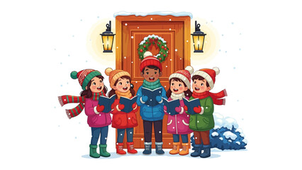 Holiday Carolers: A joyful group of children dressed warmly in winter attire, standing before a decorated doorway and singing holiday carols, a scene filled with cheer and the spirit of the season.