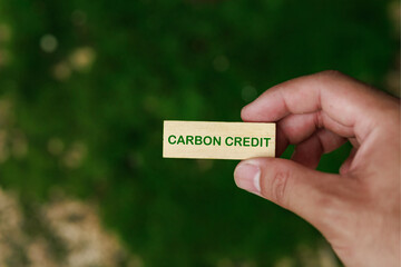 Hand holding wooden block with the words Carbon Credit, symbolizing environmental sustainability and efforts to mitigate climate change through eco-friendly practices