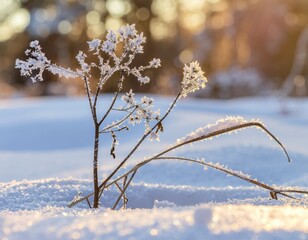 beautiful gentle winter landscape. frozen grass on snowy natural background. winter season, frosty cold weather. Winter background with flowers covered snow crystals glittering in sunlight