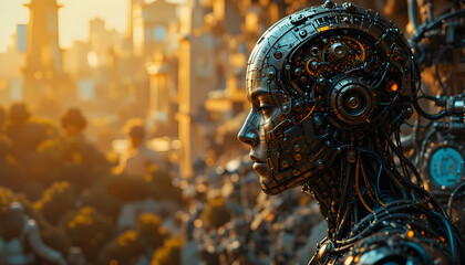 Cyborg gazes over a futuristic cityscape bathed in golden light