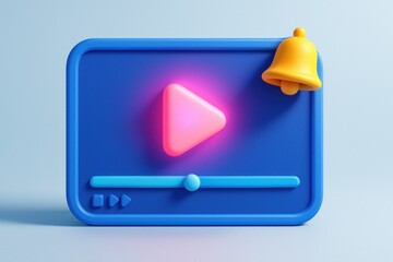 3D cartoon video player with play button, progress bar, bell