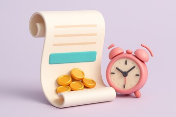 3D cartoon scroll with coins and alarm clock on purple background