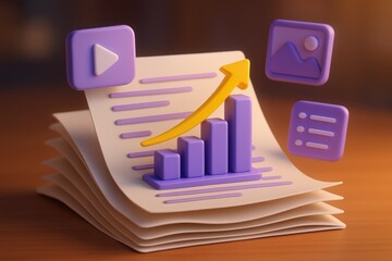 3D digital growth chart on papers with media icons