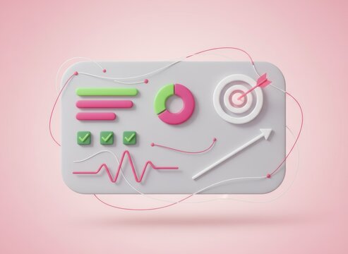 3D dashboard with charts, progress, and target