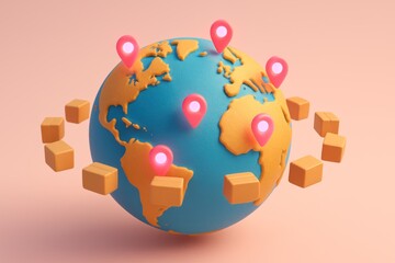3D globe with shipping boxes and location pins