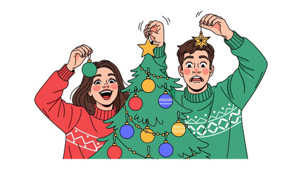 Holiday Cheer: A couple decorates a tree with joyous expressions, embodying the spirit of festivity and seasonal bliss.