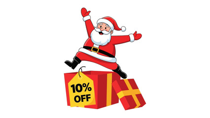 Christmas Discount: A joyful Santa Claus leaps onto a gift box promoting a 10% discount, celebrating the season's special offers. A festive symbol of savings and the holidays.