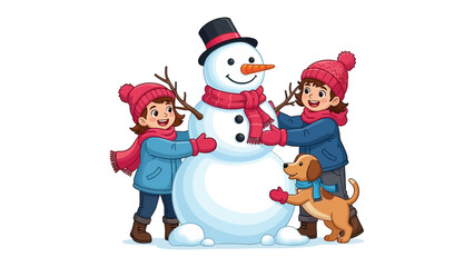 Snowman Creation: A joyous scene unfolds as two children and a canine companion collaborate on building a charming snowman, evoking the warmth and delight of winter's embrace.