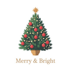 Elegant Christmas tree with red ornaments and golden lights, Merry and Bright festive holiday illustration