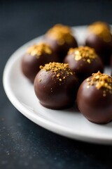 Chocolate Truffles with Edible Gold Leaf A macro, studio shot of several dark chocolate truffles delicately decorated with shimmering edible gold leaf. The truffles are placed on a clean, pristine