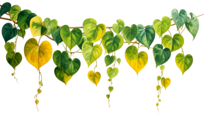 Vine with heart-shaped leaves, green and gold, hanging down from a brown stem