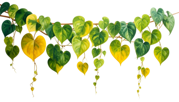 Vine with heart-shaped leaves, green and gold, hanging down from a brown stem