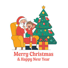 Santa Claus sitting with happy child near Christmas tree with gifts, Merry Christmas and Happy New Year festive illustration
