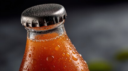 Refreshing orange soda in a glass bottle with condensation highlighting its coolness and vibrant color against a dark background