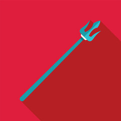 Stylized trident with long handle casting shadow on red background, representing mythology and power