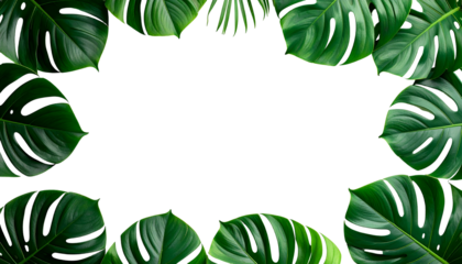 Lush, dark green monstera leaves frame a black, negative space background