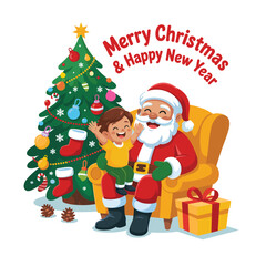 Santa Claus sitting with happy child near Christmas tree, Merry Christmas and Happy New Year festive illustration