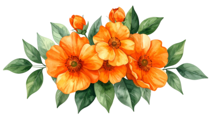 Watercolor floral arrangement with vibrant orange blooms and green foliage, against black