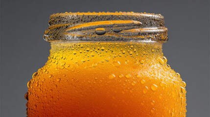 Close up shot showing condensation on a refreshing orange juice glass bottle against neutral background for a healthy start to the day