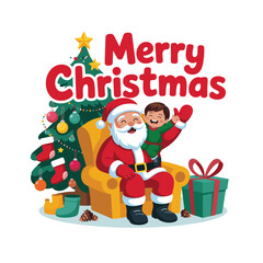 Santa Claus sitting with happy child near Christmas tree with gifts, Merry Christmas festive illustration