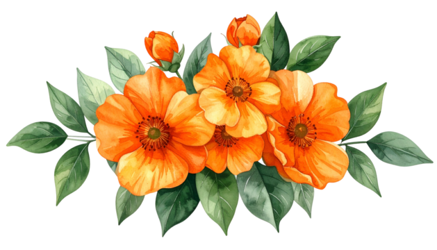 Watercolor floral arrangement with vibrant orange blooms and green foliage, against black