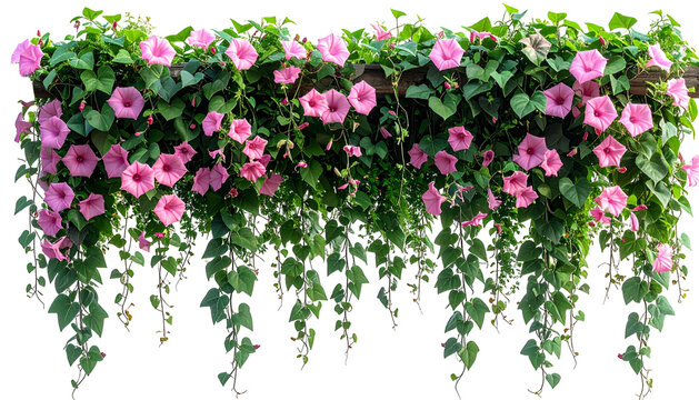 A cascade of pink trumpet-shaped flowers spills from a lush curtain of green vines