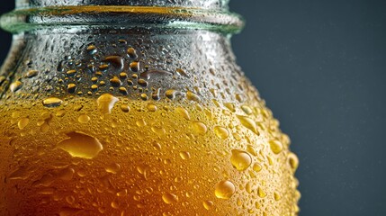 Refreshing beverage condensation on glass bottle with golden hue creates a captivating close up showcasing pure thirst quenching refreshment