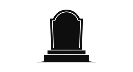 A stark black silhouette of a traditional gravestone with a rounded top and a multi tiered base isolated on a white background silhouette