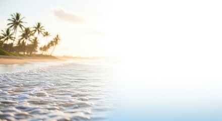 A serene beach scene with palm trees and a calm ocean.