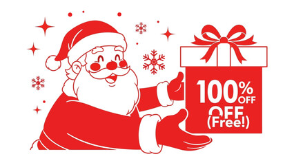 Santa's Festive Gift: A cheerful illustration of Santa Claus holding a giant gift box with an exciting 100% OFF offer, surrounded by festive snowflakes and stars.