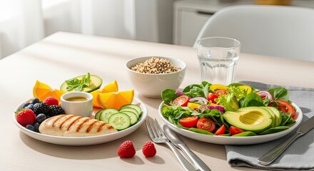 A table with two plates of food, one with grilled chicken and vegetables, the other with a salad.