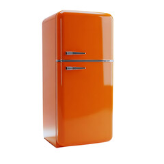Retro Orange Refrigerator Appliance with Shiny Chrome Details for Kitchen Interior Design in a Minimalist Style on Black Background