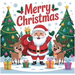 Santa Claus with reindeer and Christmas gifts in snowy winter forest, Merry Christmas greeting card illustration