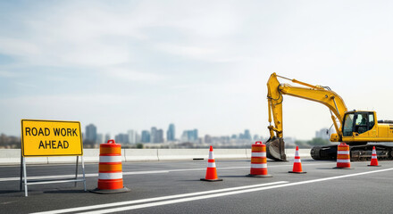 A construction site with a yellow excavator and traffic cones on a road with a city skyline in the background.