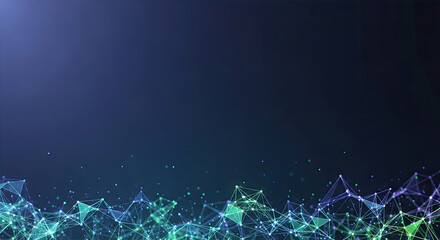 A vibrant, abstract digital network with a dark blue background and glowing, colorful nodes and lines.