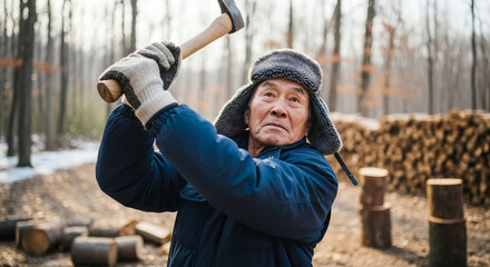 Elderly man chopping wood in winter forest, outdoor physical labor and strength