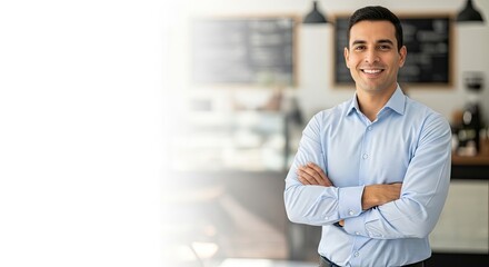 A man in a blue shirt standing in a coffee shop.