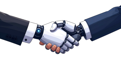 Animated graphic showing a human and robotic hand shaking