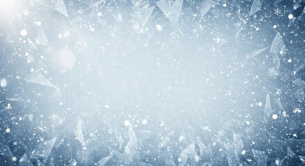 A snowy, icy landscape with a snowflake falling against a blue and white background.
