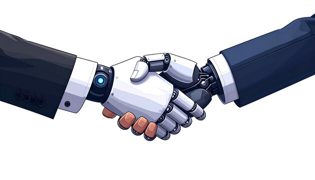 Animated graphic showing a human and robotic hand shaking