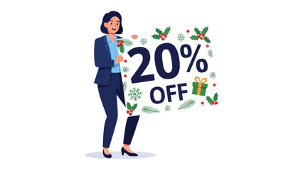 Festive Discount: A smiling person in professional attire holds up a sign that says 20% OFF, adorned with seasonal elements, highlighting a special offer for shoppers. 