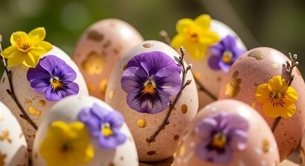 Fototapeta premium Close-up of decorated Easter eggs with colorful flowers. Eggs are speckled with gold dots