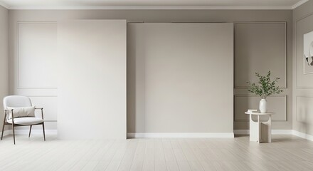 A minimalist, neutral-colored living room with a white armchair and a potted plant on a side table.