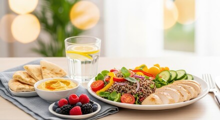A vibrant salad with quinoa, chicken, and fresh vegetables on a white tablecloth, accompanied by a glass of water and a bowl of hummus.