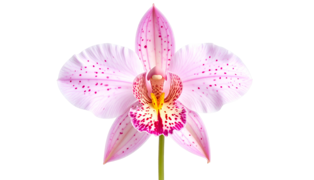 A close-up of a pink and white orchid blossom against a stark black background